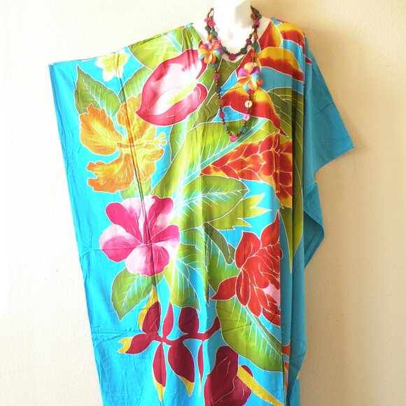 KD360 Floral Batik Hand Painted Plus Batwing VNeck Kaftan Dolman Women Dress - Picture 1 of 3